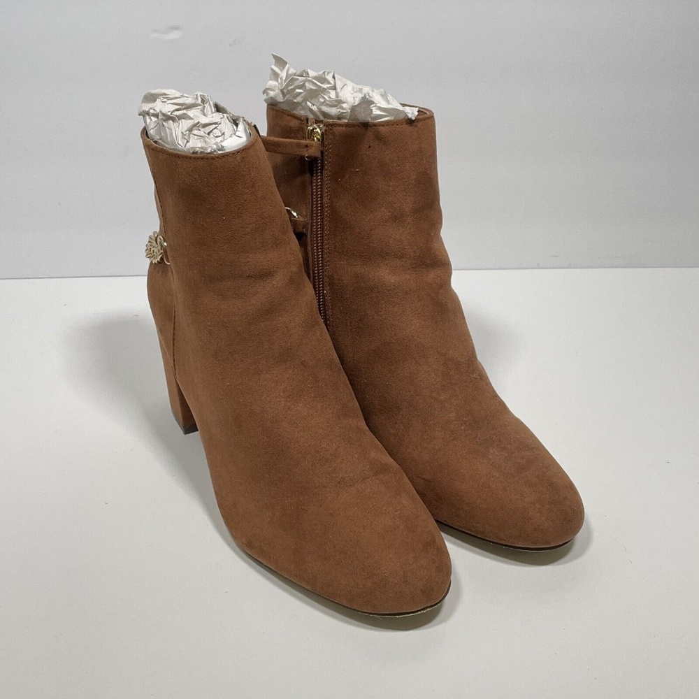 Just Fab Mariah Cognac Faux Suede Block Heel Chain Zip Ankle Boots Women Size 10